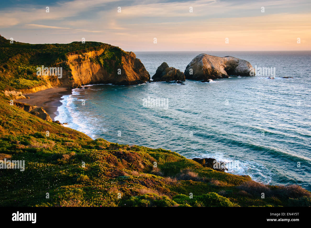 Evening view of Rodeo Beach,  at Golden Gate National Recreation Area, in San Francisco, California. Stock Photo
