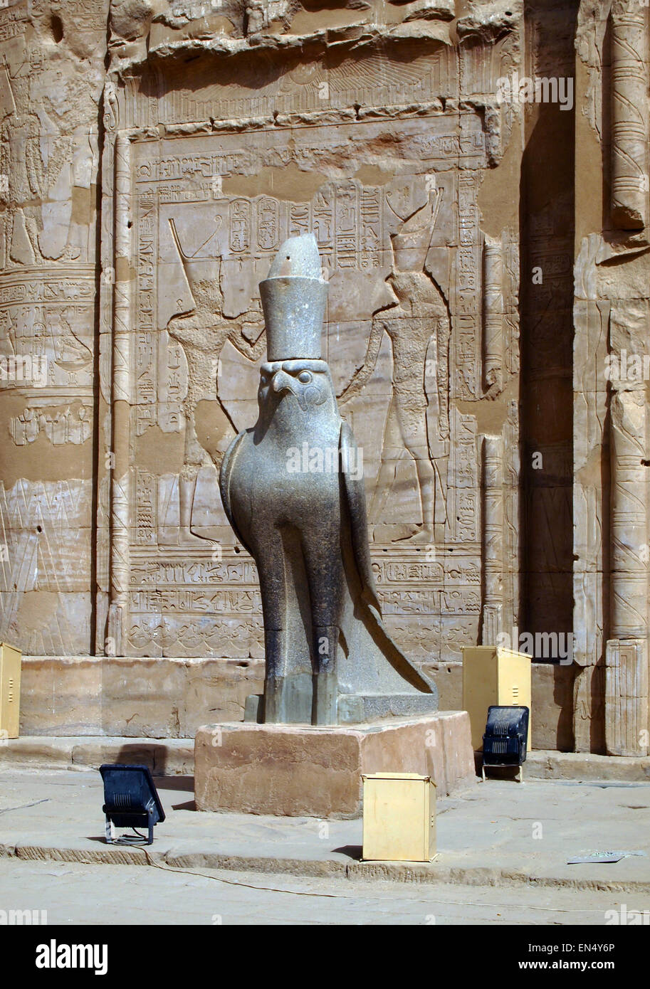 Horus statue in the Temple of Horus at Edfu, Egypt. Photography by Qin Xie. Stock Photo