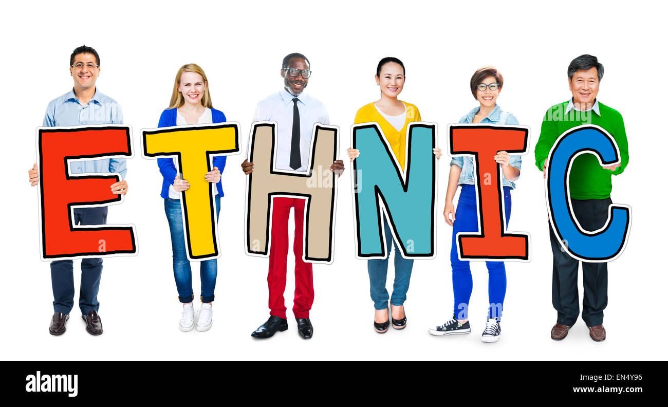 Multiethnic Group of People Holding Word Ethnic Stock Photo - Alamy
