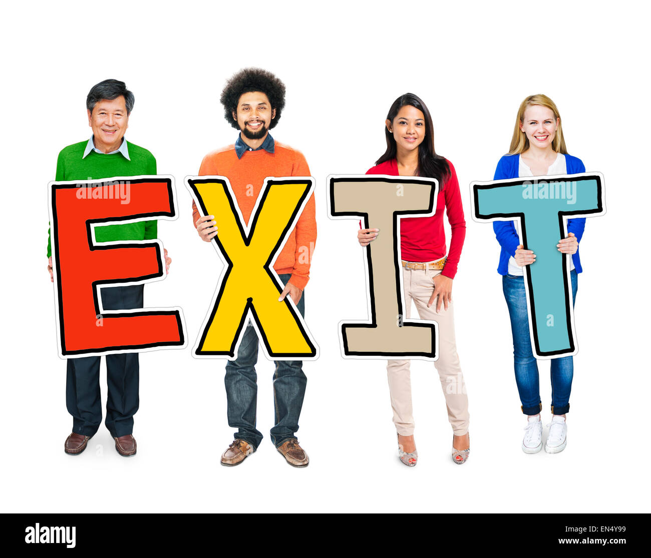Multiethnic Group of People Holding Letter Exit Stock Photo