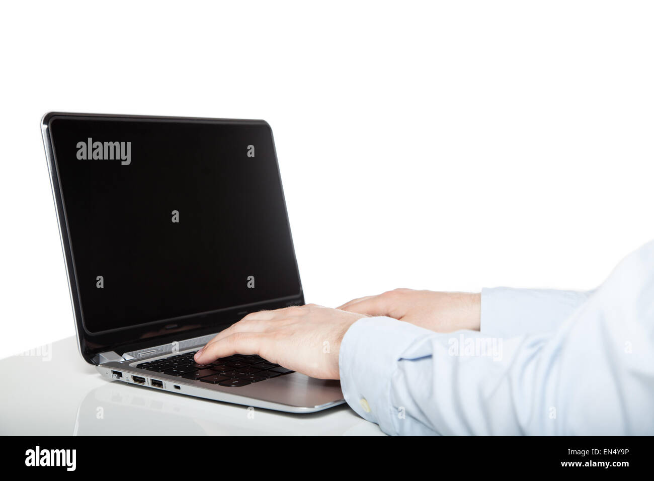 writing on laptop, white background Stock Photo