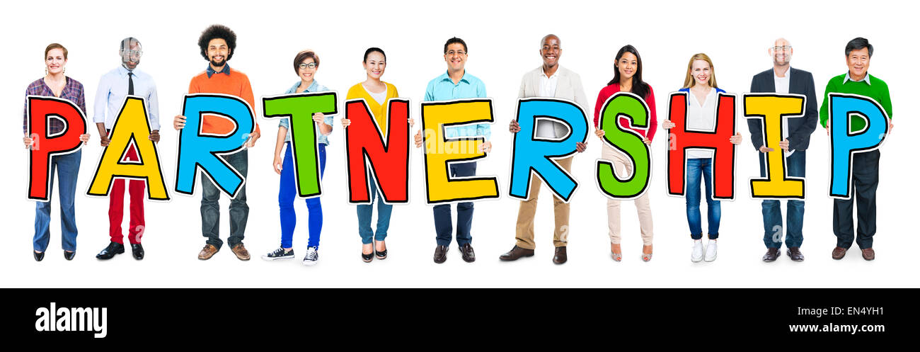 Multiethnic Group of People Holding Letter Partnership Stock Photo - Alamy