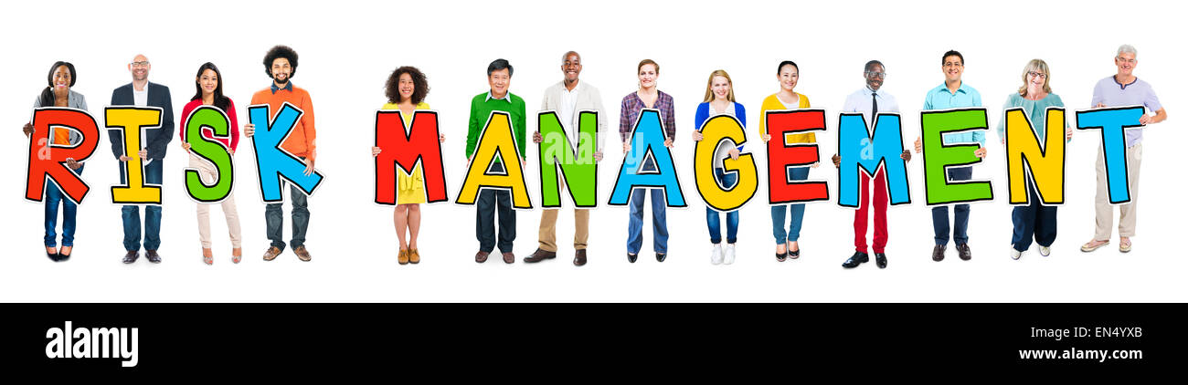 Diverse Group of People Holding Text Risk Management Stock Photo