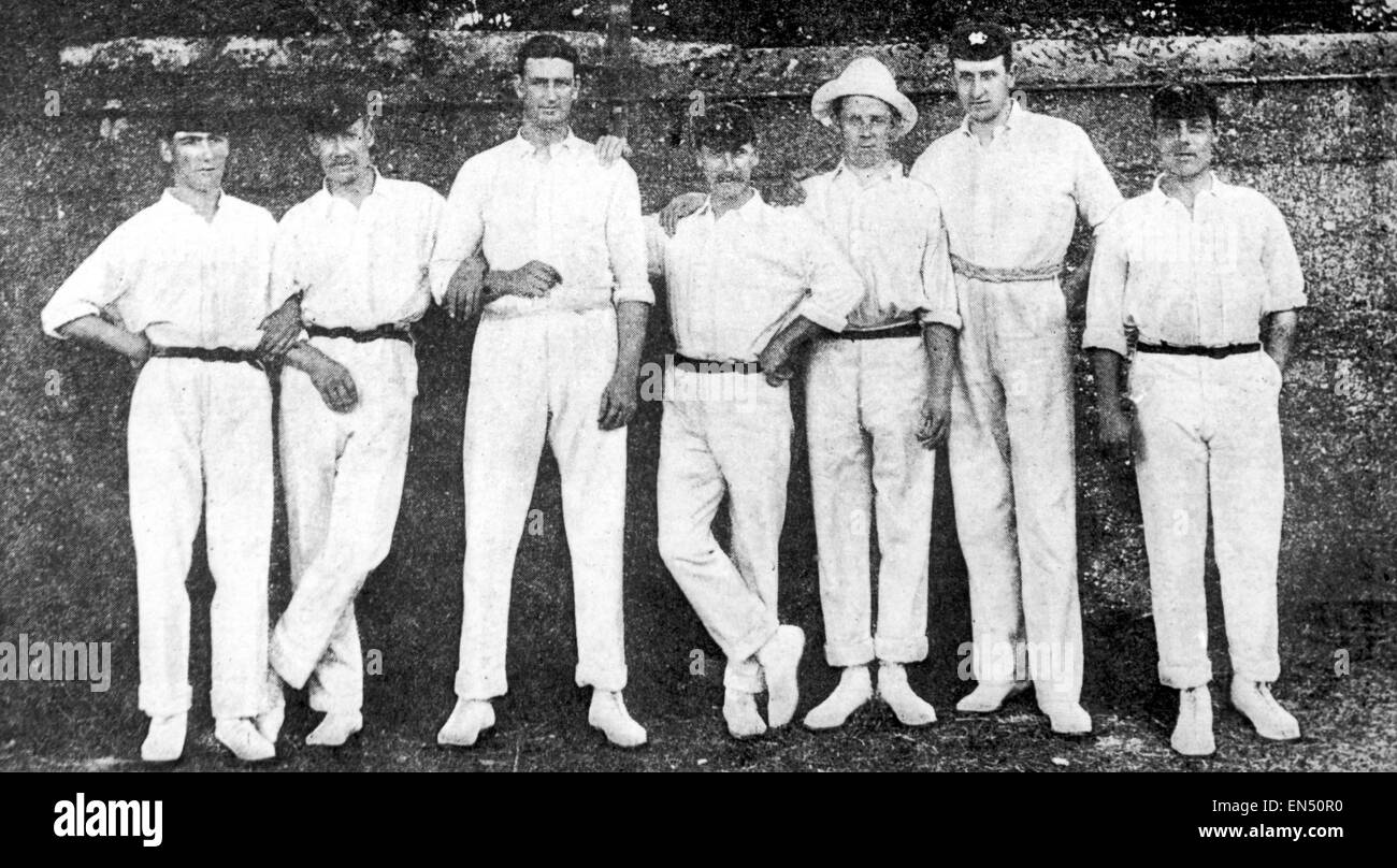 Members of Lancashire County Cricket Club champions team of 1904 l-r: Heaps, Cuttell, Sladen, Tyldesley, Hallows, Kermode and Sharpe. Stock Photo
