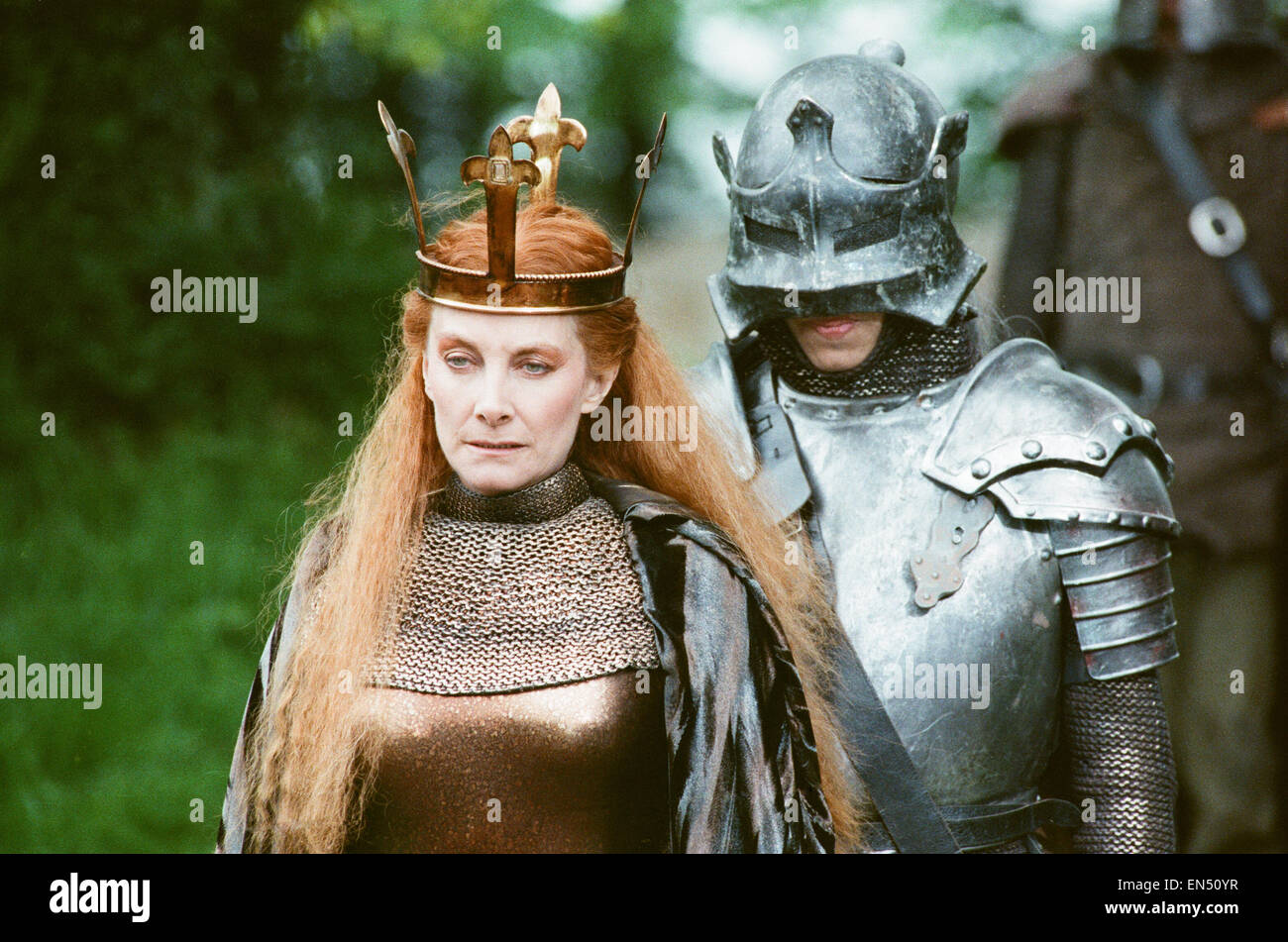 Christopher Bowen as Mordred with Jean Marsh as Morgaine whilst on location filming for the Dr Who story Battlefield. 16th May 1989 Stock Photo