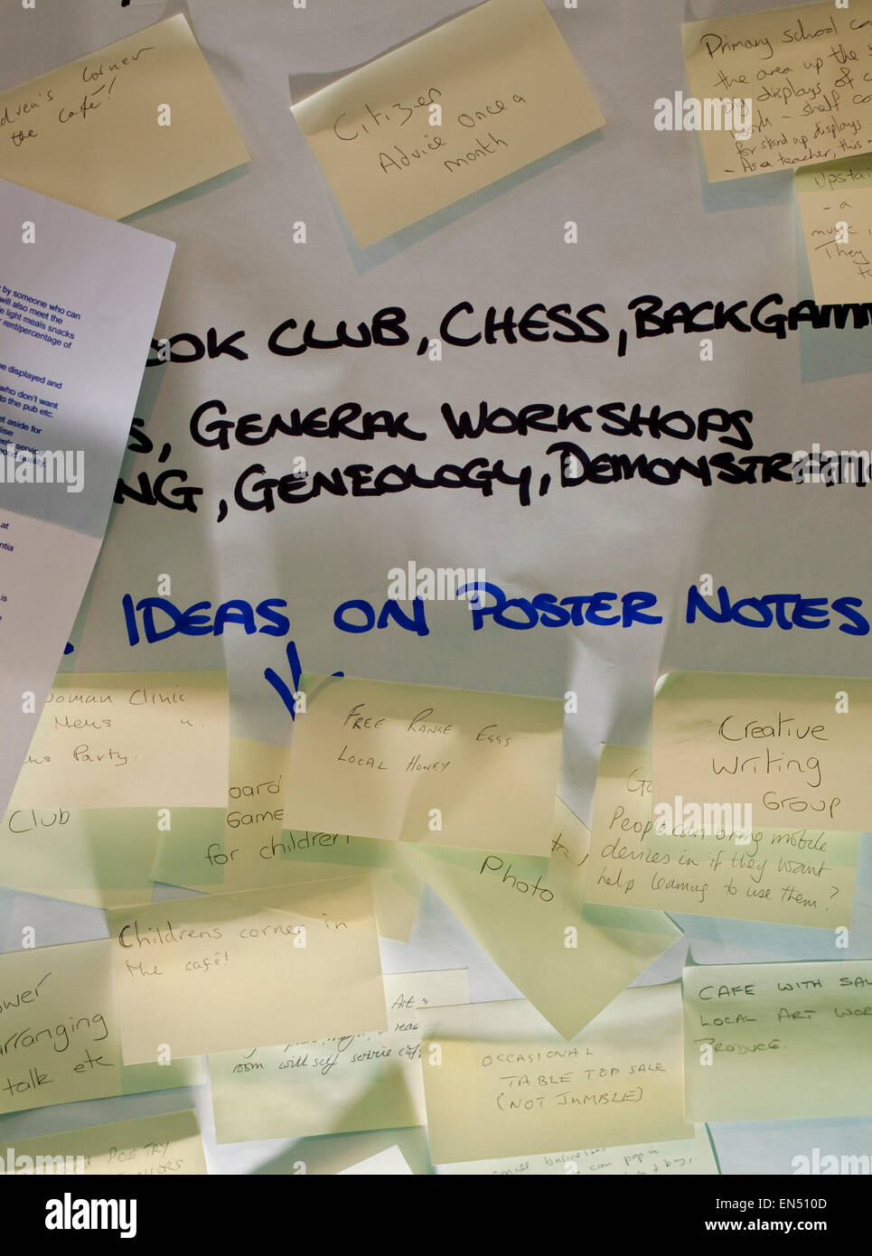 Underlit suggestion post-it notes/stickies on a community centre center noticeboard Stock Photo