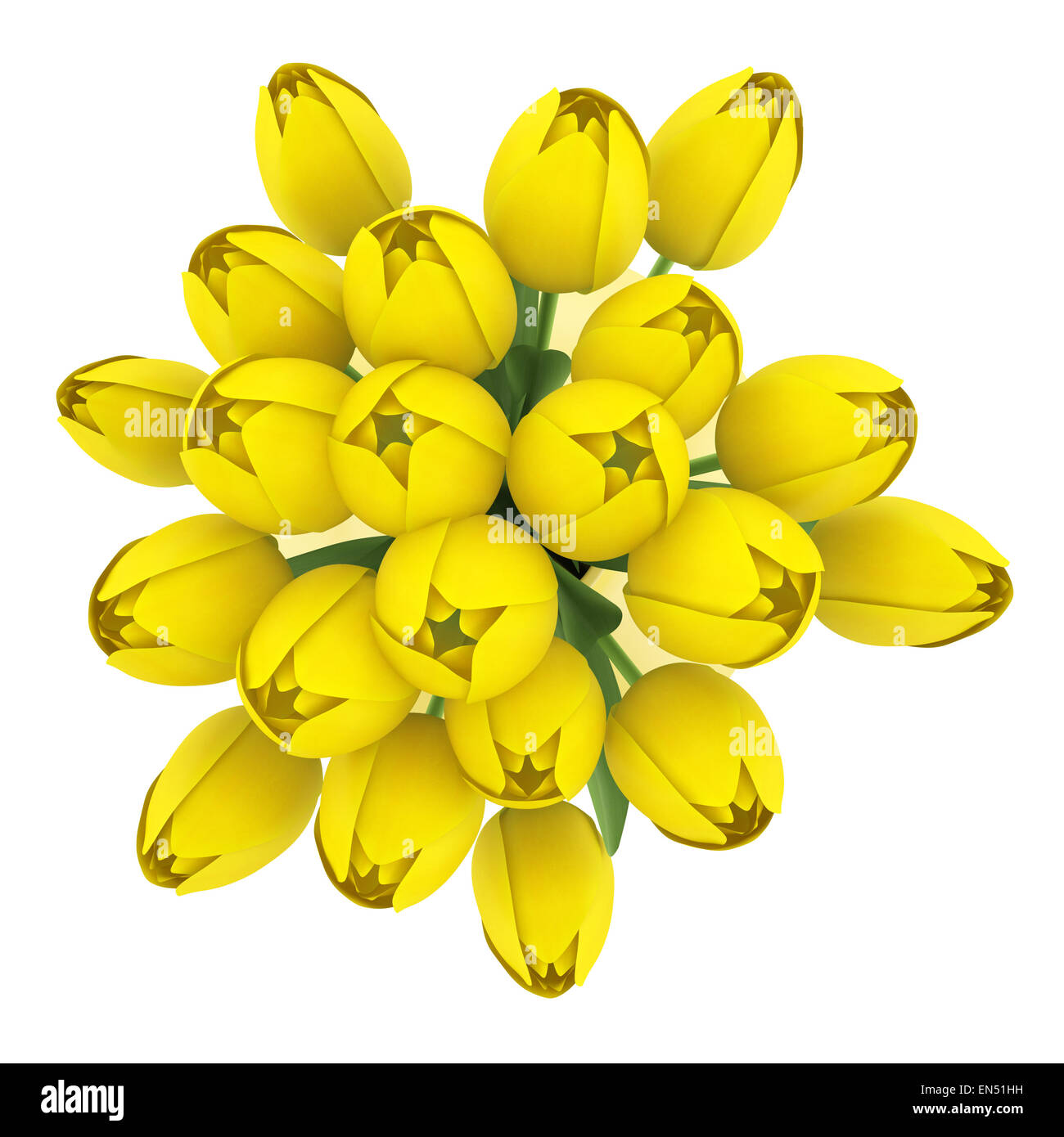 top view bouquet of yellow tulips in vase isolated on white background ...