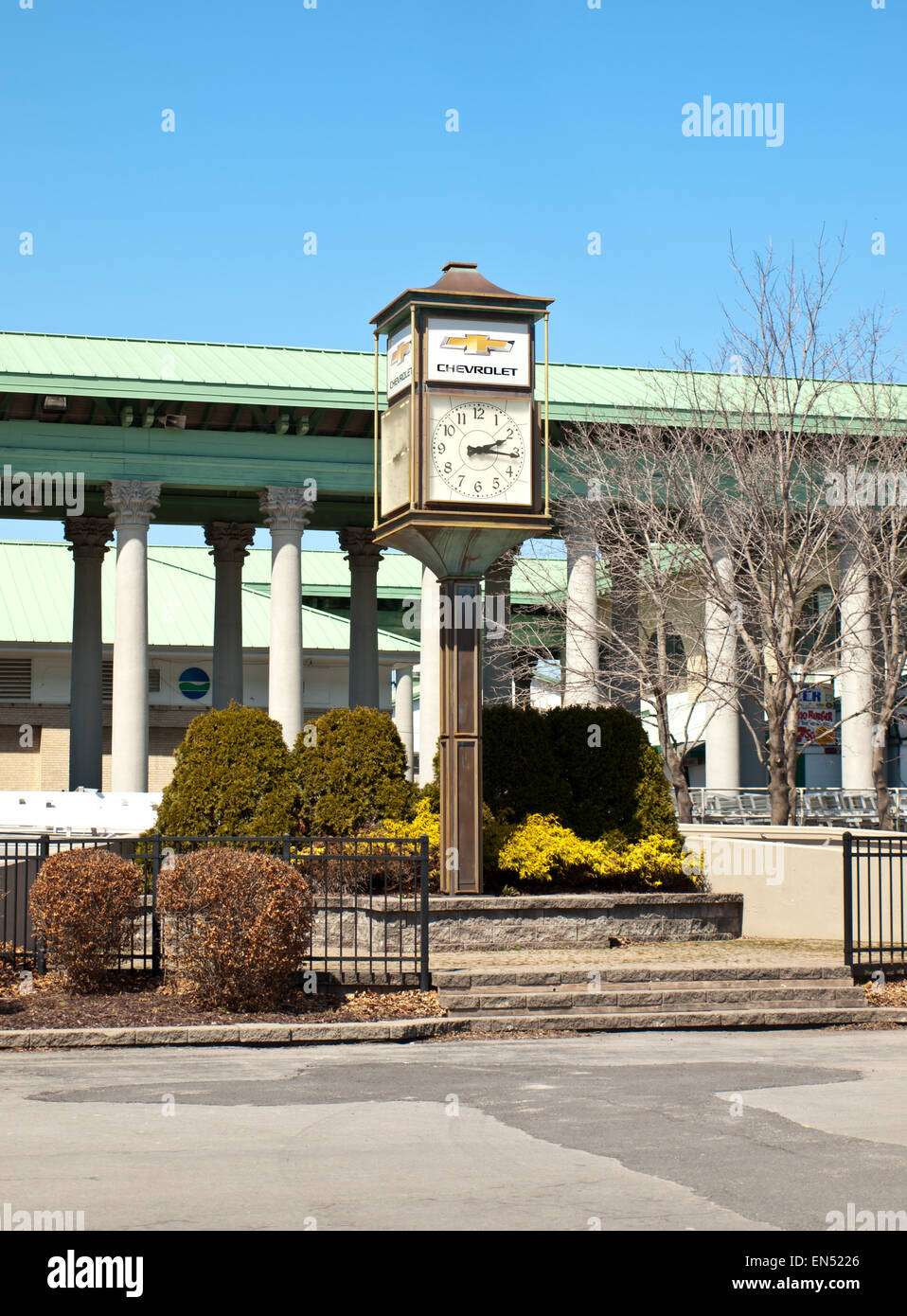 Lakeland, New York, USA. April, 12,2015. Chevy Court and clock on the New York State Fairgrounds where free concerts are perform Stock Photo