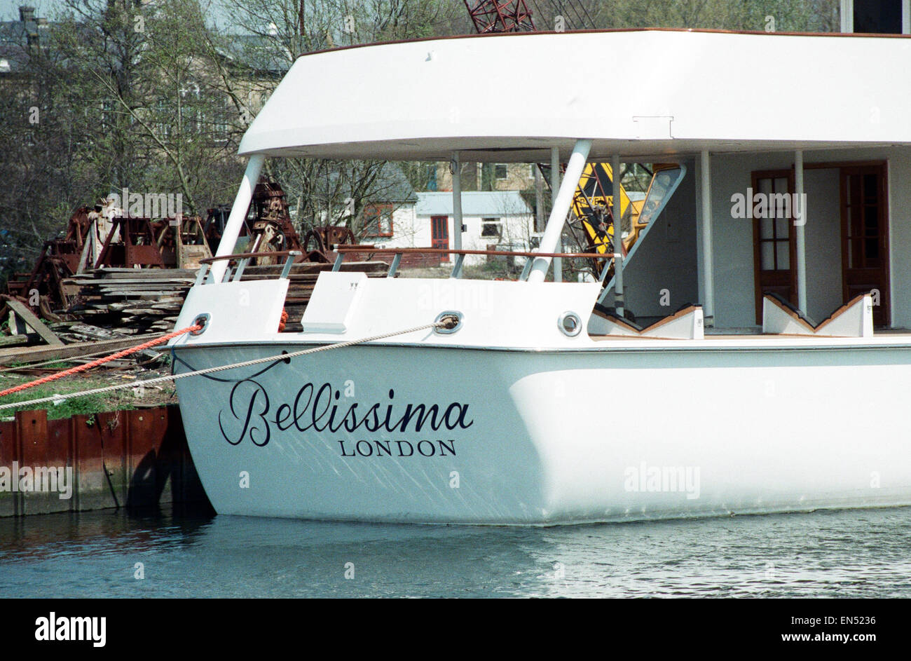 Luxury yacht Bellissima, owned by businessman Bernard Matthews, founder of Bernard Matthews Farms Limited, 10th March 1989. Bellissimo is italian for 'most beautiful'. Stock Photo