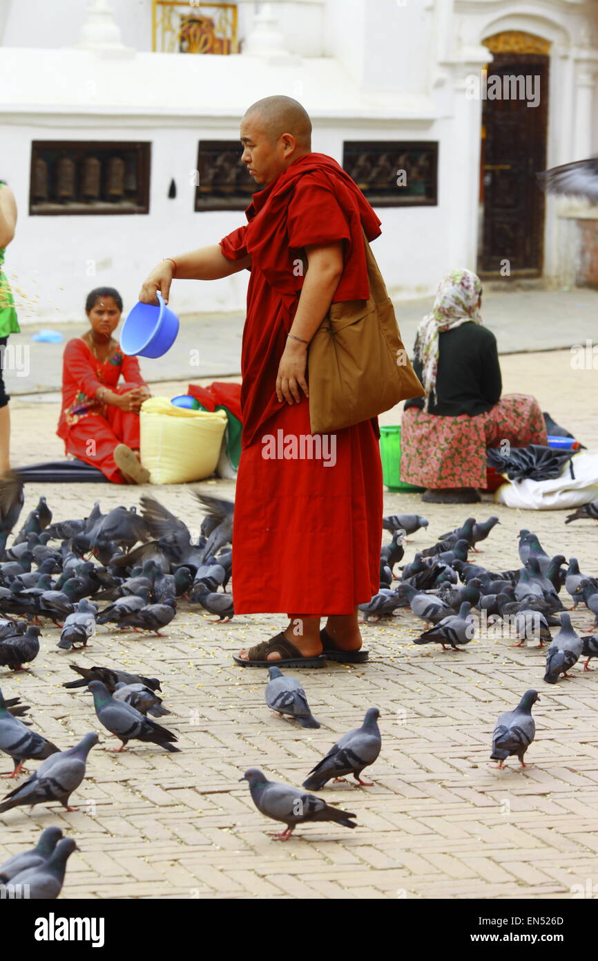 Monk in Bhaktapur temple feeding birds, Nepal Kathmandu Stock Photo