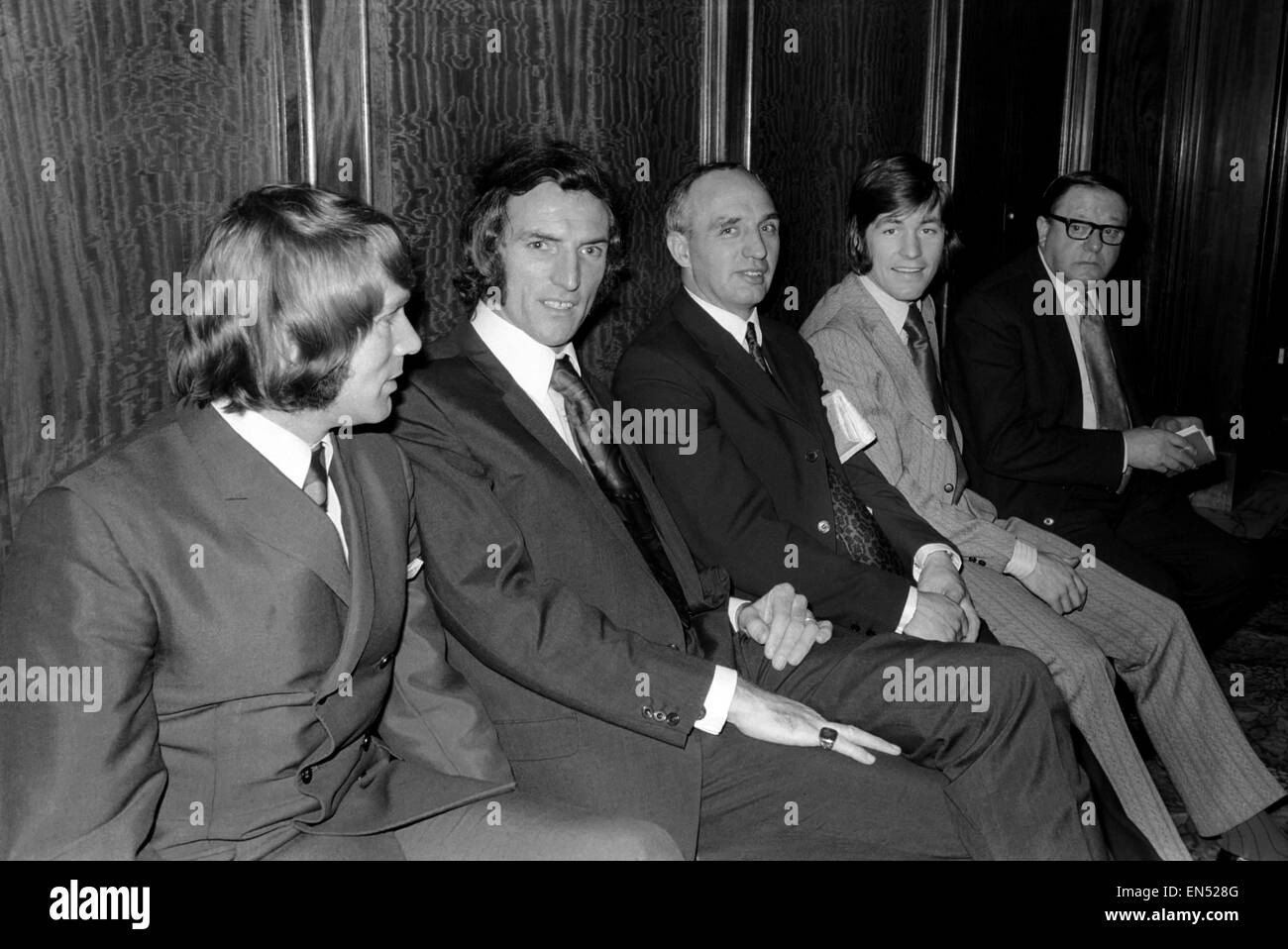 Two Wolves players, their managers and the chairman of the players union attended a disciplinary hearing at the Great Western Hotel. London, today (Monday). Left to right: David Wagstaff, Derek Dougan, Bill McGarry (Wolves manager) and Jimmy McCalliog wai Stock Photo
