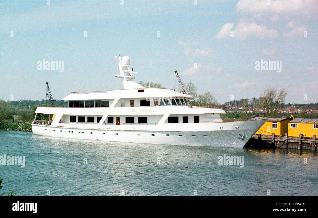 Luxury yacht Bellissimo, owned by businessman Bernard Matthews, founder of Bernard Matthews Farms Limited, 10th March 1989. Bellissimo is italian for 'most beautiful'. Stock Photo