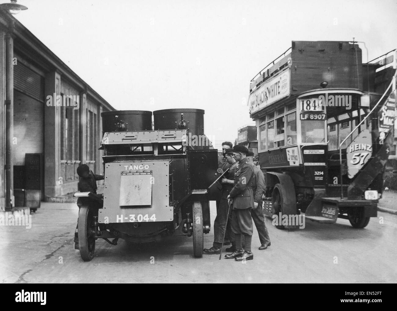Soldiers seen here with their Austin armoured car at a bus depot, on the 10th day of the General Strike.  The national dispute came about after negotiations between the miners and mine owners failed over wages and the strike began on 3 May 1926. The strik Stock Photo