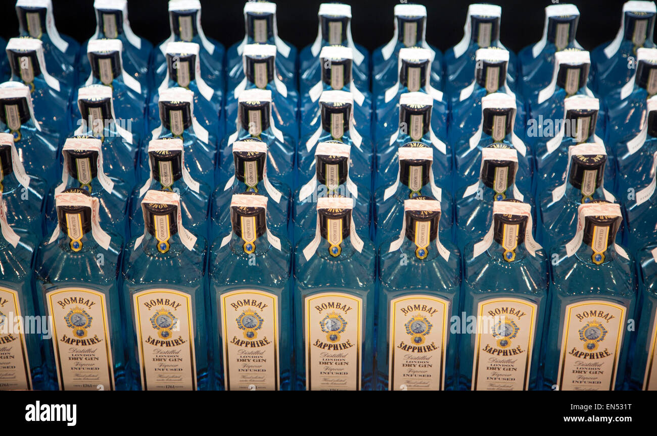 Close up of bottles of Bombay Sapphire gin in the Duty Free shopping lounge in Malaga airport, Spain Stock Photo