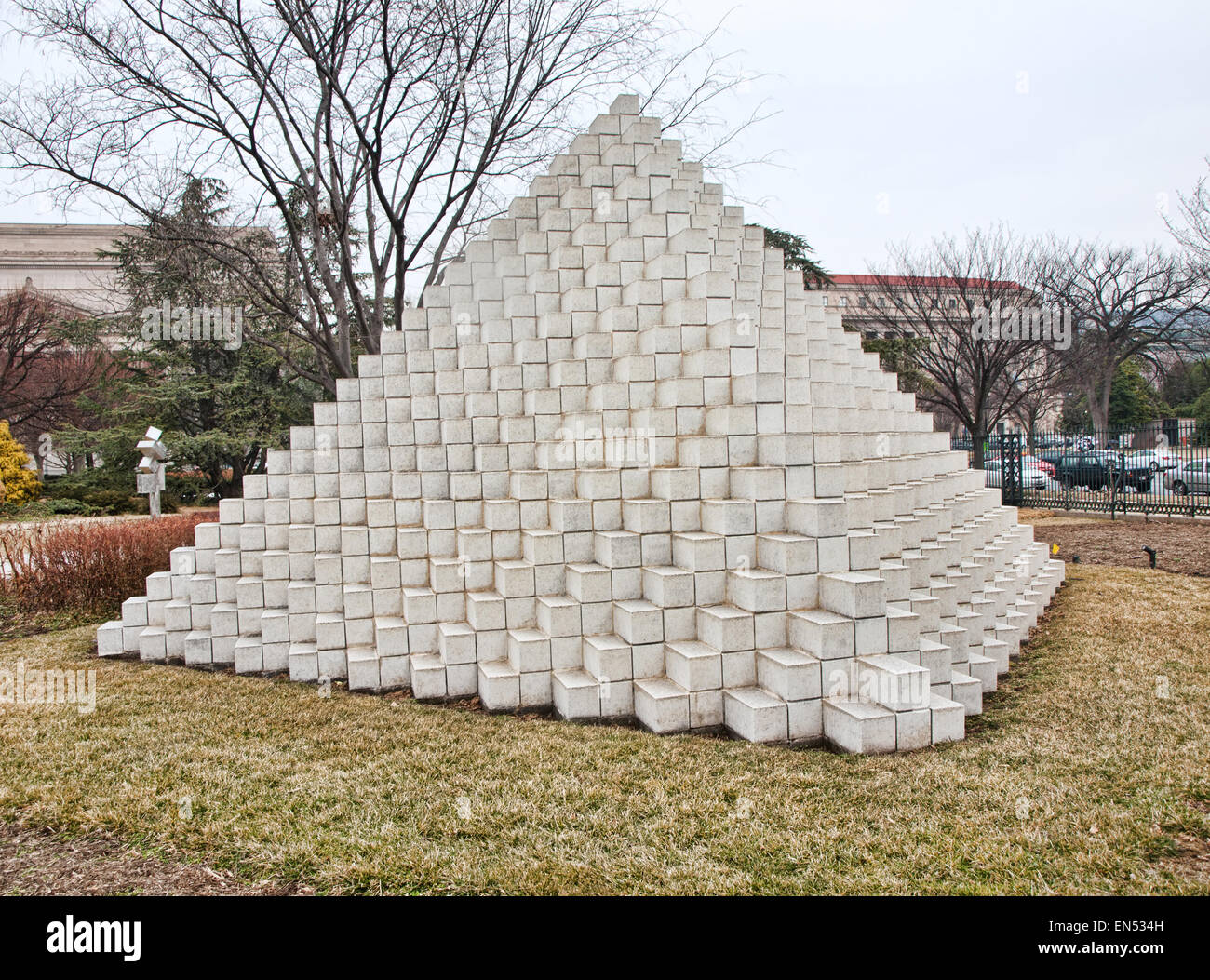 Washington, DC, USA. March 10,2014. National Gallery of Art Sculpture Garden. Four sided pyramid by Sol Lewitt Stock Photo