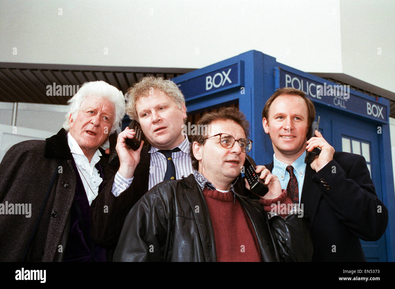 Four Doctor Whos seen here at the Hammersmith Ark for the opening of an exhibtion to celebrate 30 years of Dr Who. Left to Right: Jon Pertwee, Colin Baker, Sylvester McCoy and Peter Davison. 27th April 1993. Stock Photo