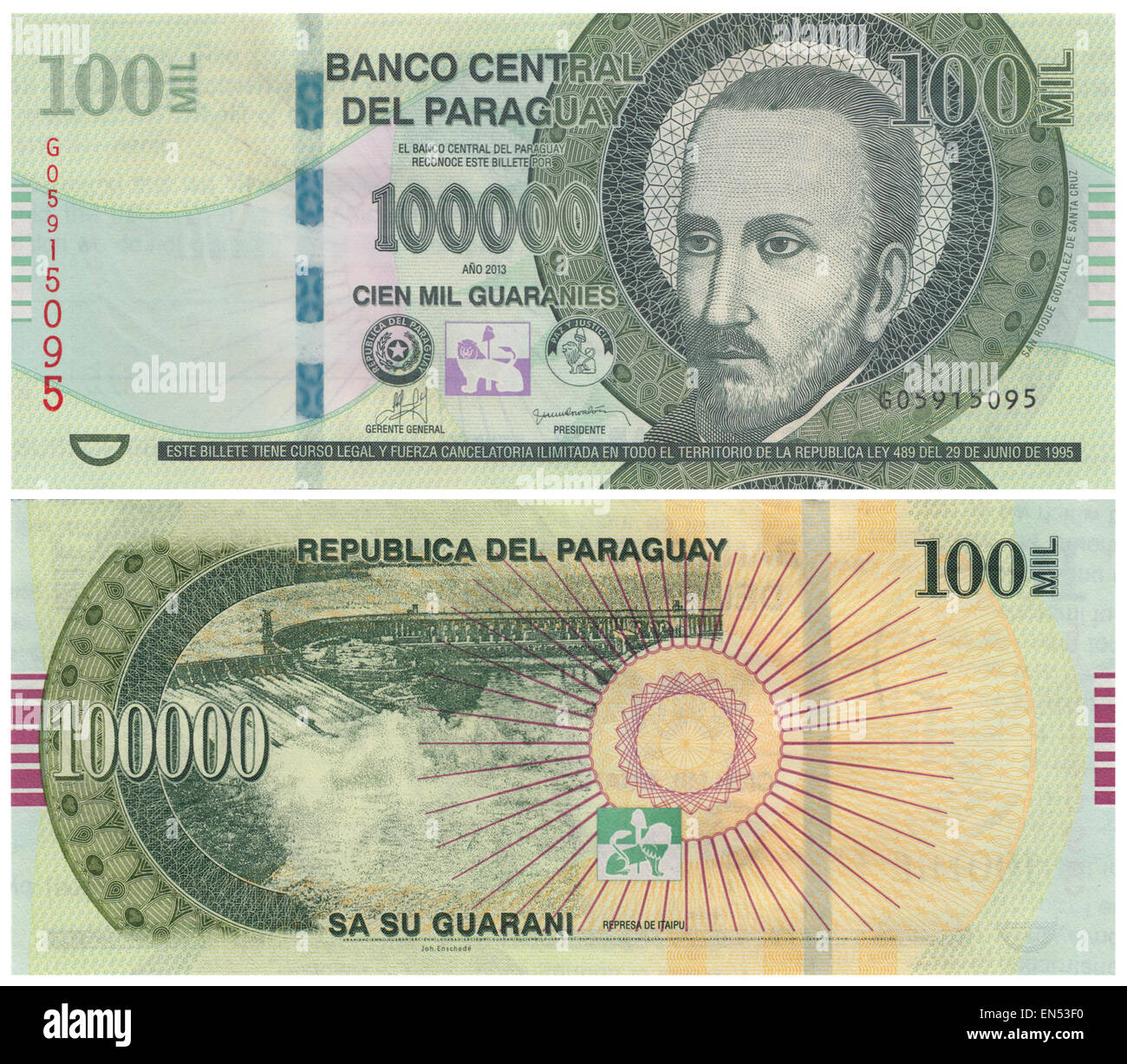 Obverse and reverse of Paraguay ₲100,000 Guaraní bank note (2013). The Guaraní is the national currency unit of Paraguay. The guaraní was divided into 100 céntimos but, because of inflation, céntimos are no longer in use. Stock Photo