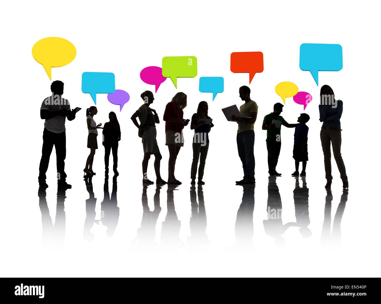 Silhouetted group of people Speech Bubbles Stock Photo