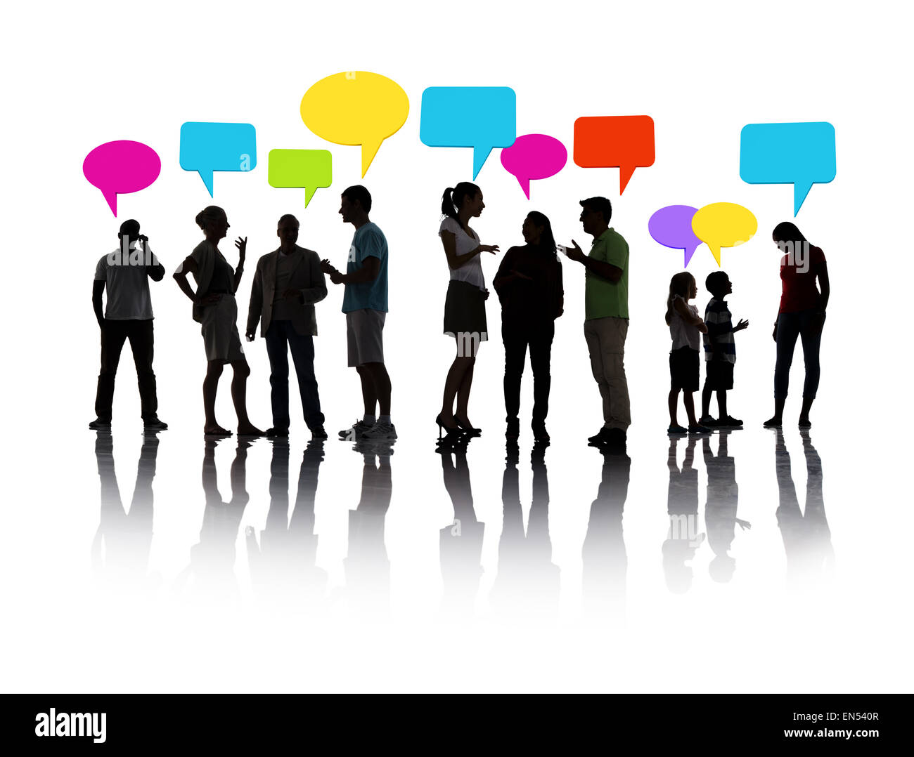 Silhouetted group of people Speech Bubbles Communication Stock Photo