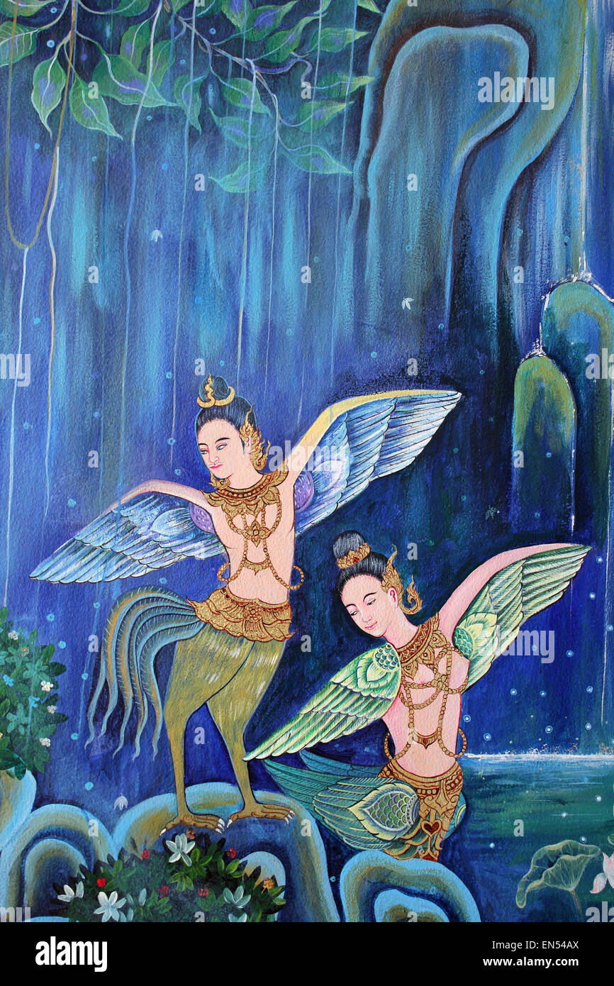 Thai Painting Blissful Himmavanta Land Of Mythical Creatures Stock Photo