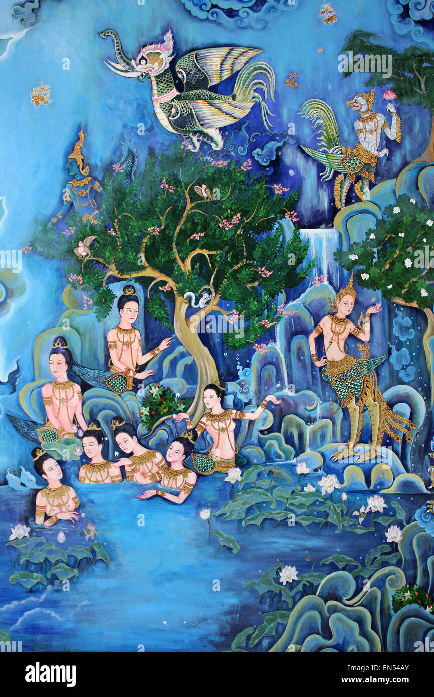 Thai Painting Blissful Himmavanta Land Of Mythical Creatures Stock Photo