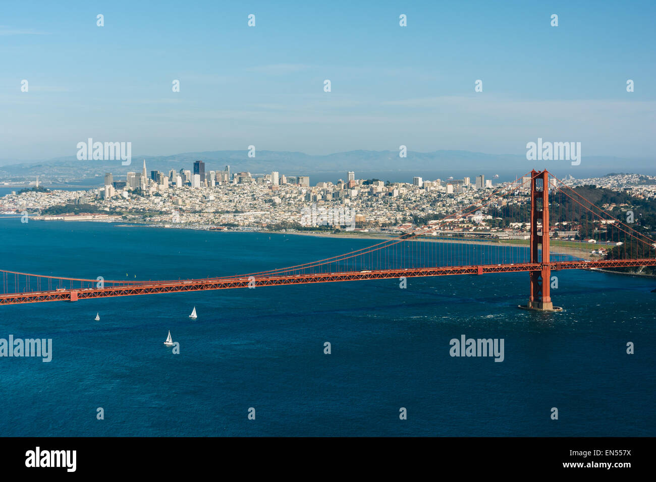 View of the Golden Gate Bridge from Hawk Hill,  Golden Gate National Recreation Area, in San Francisco, California. Stock Photo