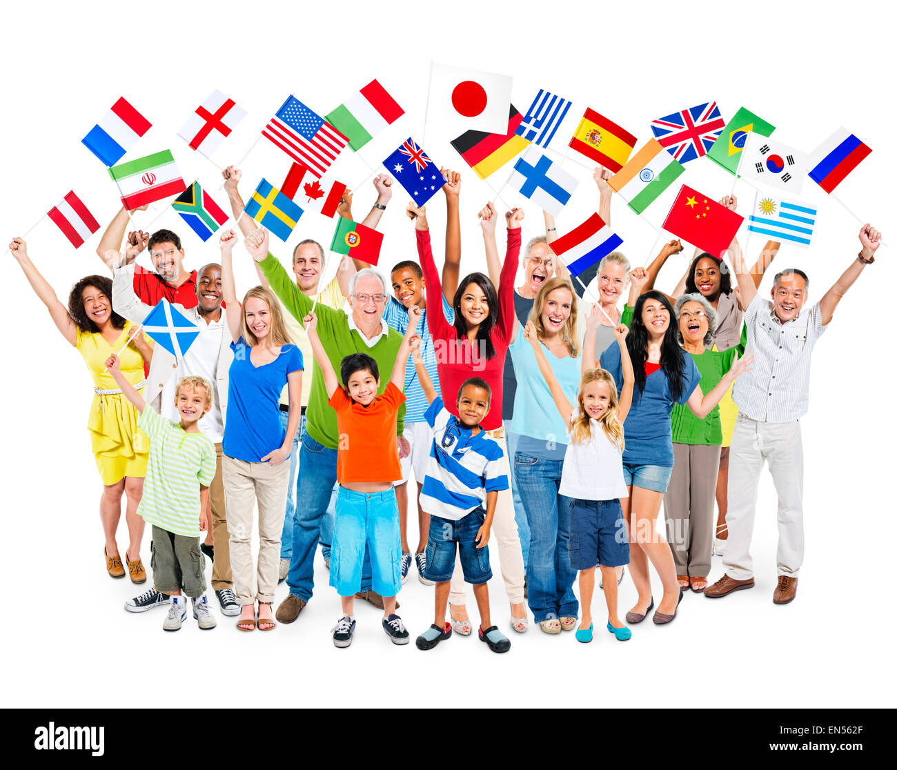 Large group of multi-ethnic diverse mixed age people celebrating while  holding flags Stock Photo - Alamy
