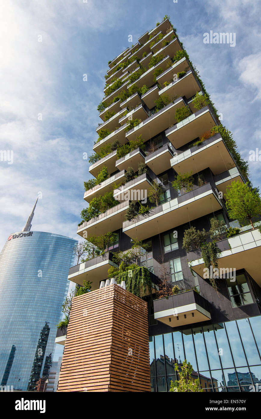 Bosco Verticale or Vertical Forest residential towers located in Porta Nuova district, Milan, Lombardy, Italy. The towers won th Stock Photo