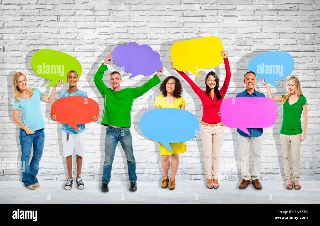 Group of mixed age and race people with colorful thoughts. Stock Photo