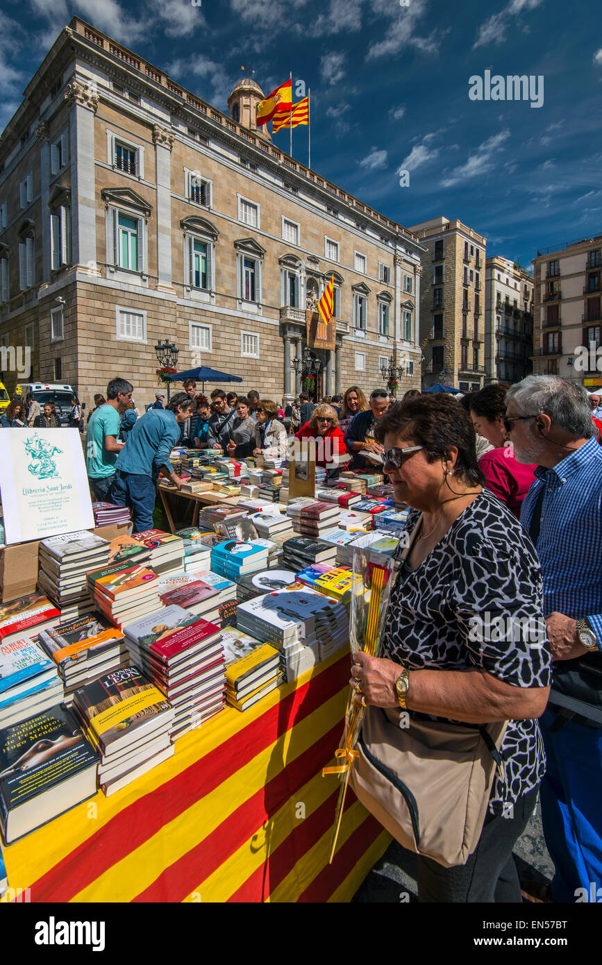 Book stall for the Saint George's Day or Diada de Sant Jordi, Barcelona, Catalonia, Spain Stock Photo