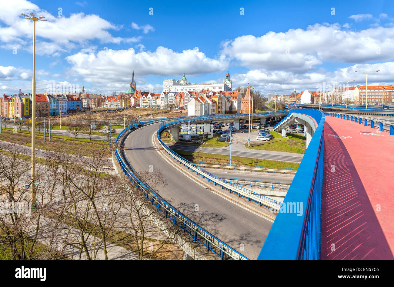 Roads, flyover, bridge and bicycle path. Road infrastructure in Szczecin, Poland. Stock Photo