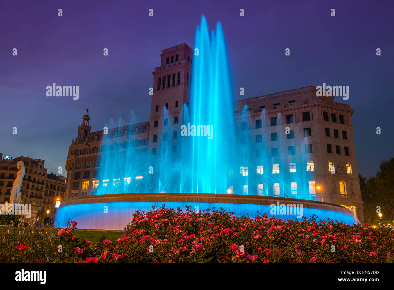 Light show at the new Plaza Catalunya fountain, Barcelona, Catalonia, Spain Stock Photo