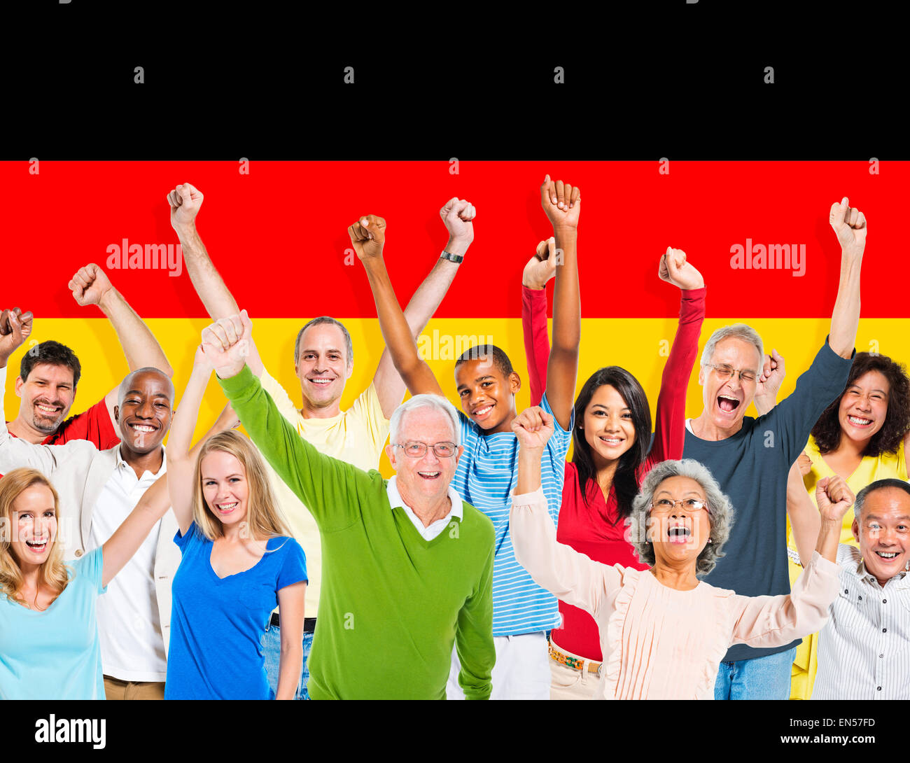 Multi-Ethnic People Arms Raised and German Flag Background Stock Photo