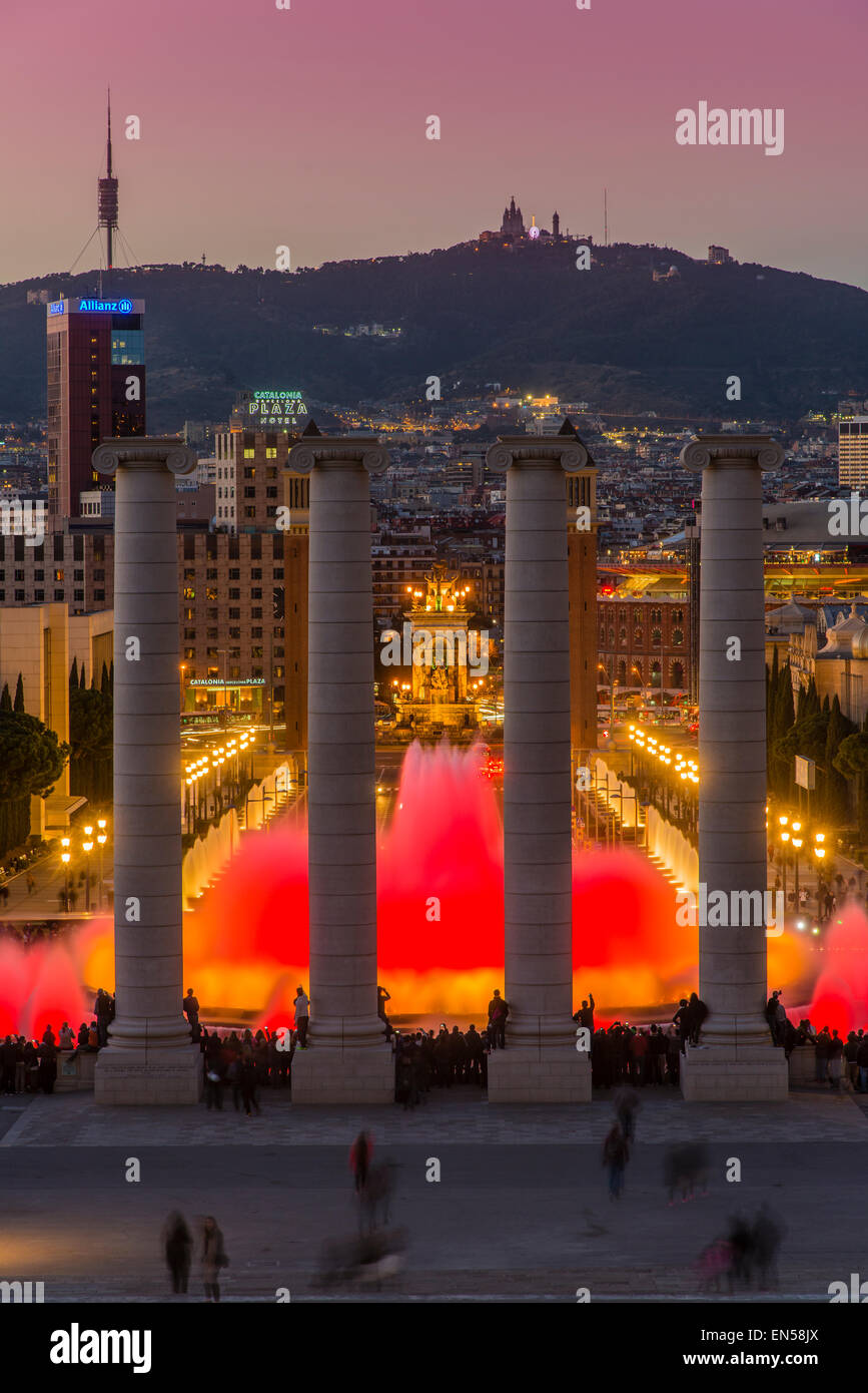 Night light show at Magic Fountain or Font Magica located in Montjuic, Barcelona, Catalonia, Spain Stock Photo