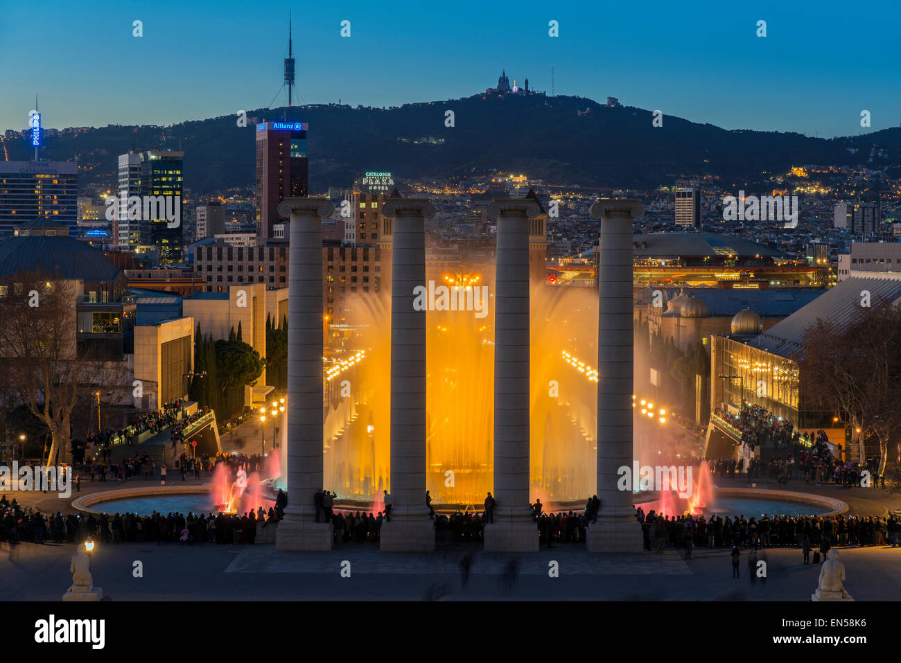 Night light show at Magic Fountain or Font Magica located in Montjuic, Barcelona, Catalonia, Spain Stock Photo