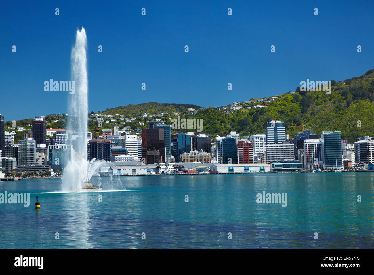 Fountain, Oriental Bay, Wellington Harbour and CBD, Wellington, North Island, New Zealand Stock Photo