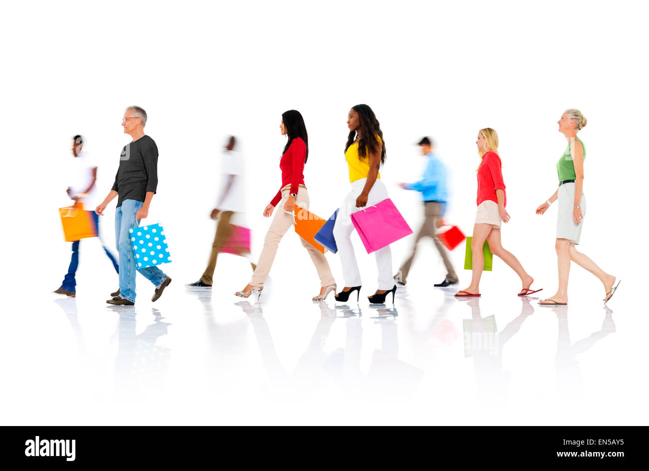 Group of Diverse People Walking with Shopping Bags Stock Photo