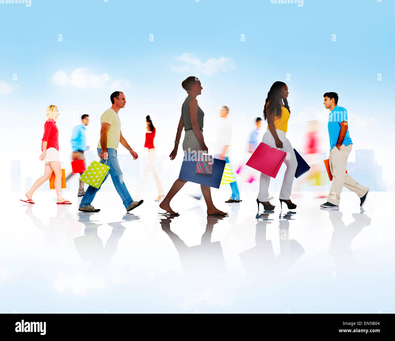 Group of Diverse People Walking with Shopping Bags Stock Photo