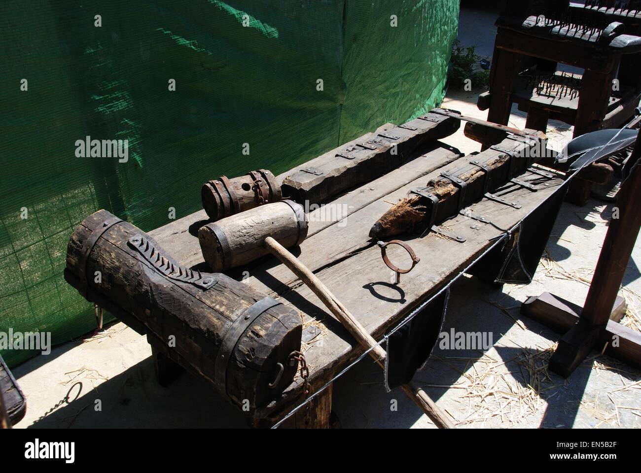 Medieval instruments of torture at the Medieval market, Barbate, Cadiz Province, Andalusia, Spain, Western Europe. Stock Photo