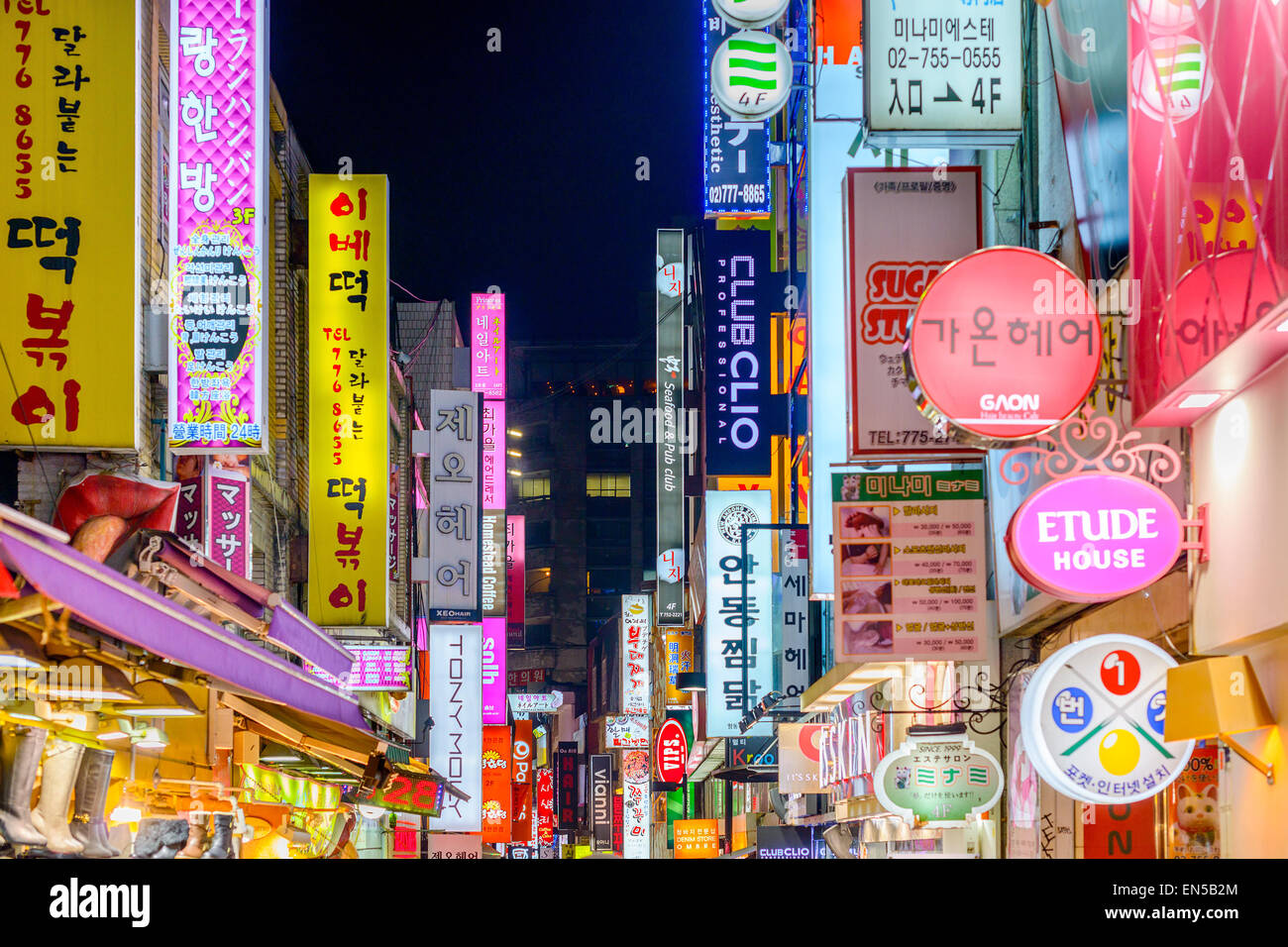 Seoul, South Korea in Myeong-Dong. The location is the premiere district for shopping in the city. Stock Photo