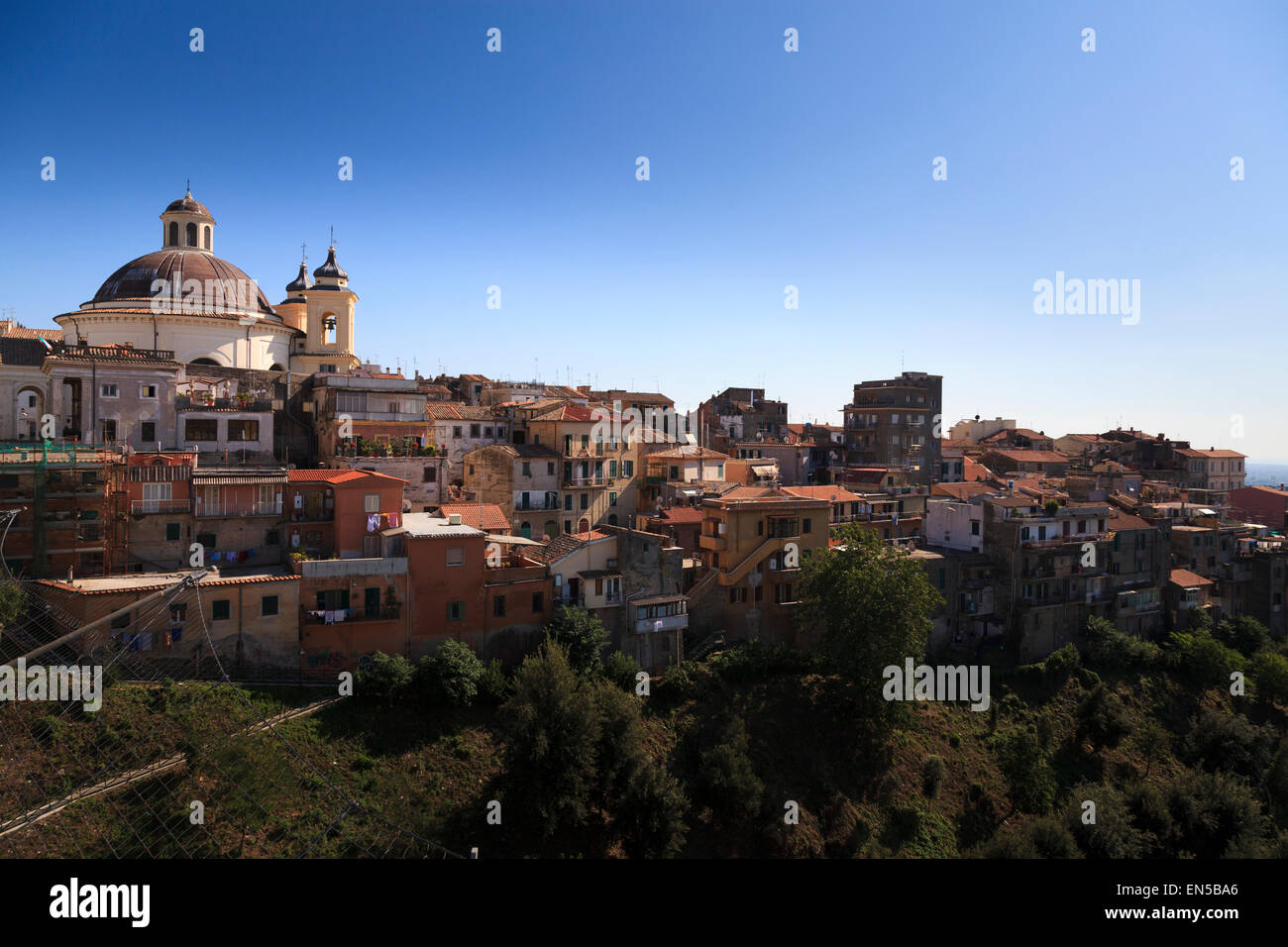 The town of Ariccia and Santa Maria Assunta in Cielo chorch dome viewed from the bridge Stock Photo