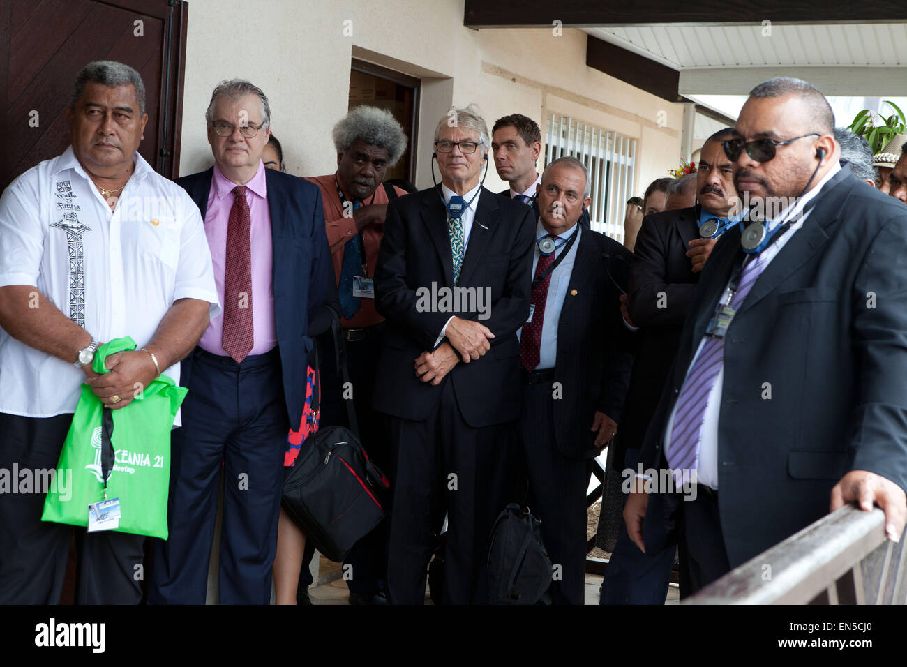 Noumea, New Caledonia. 28th April, 2015. Oceania 21, the third edition of the Oceanian summit on sustainable development. Representatives of 17 South Pacific countries attend the climate change summit on 28, 29 and 30 April. Noumea, New Caledonia. 28th April, 2015. countries, 28, 29 and 30 April, climate change, roundable in the wake of Cyclone PAM in the Pacific, traditional customs, Suve Sosefo, Wallis et Futuna, Marc Le Cherfy, Jean Pierre Nirua, Director of Operations GFLM, David Scheppard, Director General PROE, Sune Hjelmerv Gudnitz, Head of the Regional Office for the Pacific, United Na Stock Photo