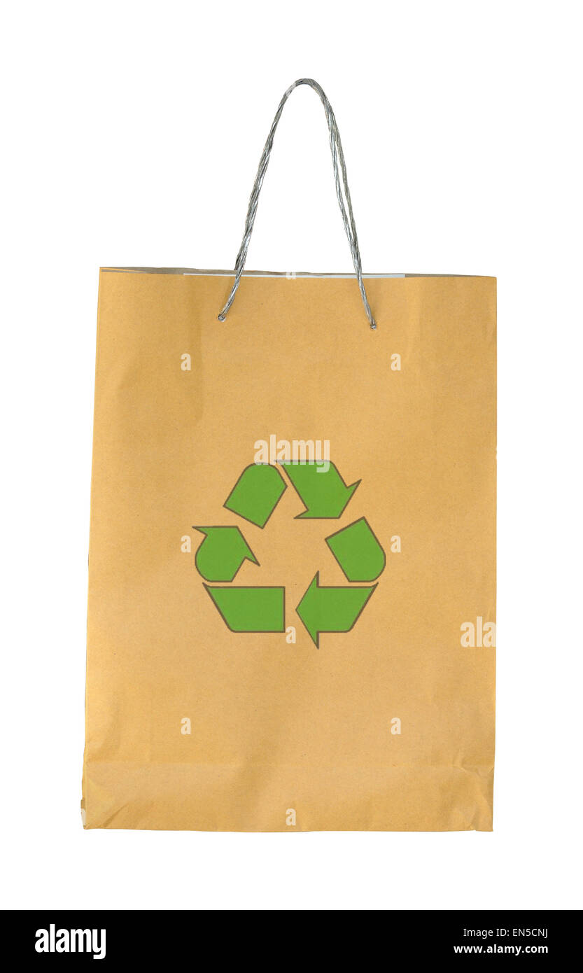 Recycle paper bag with recycle symbol on white background Stock Photo