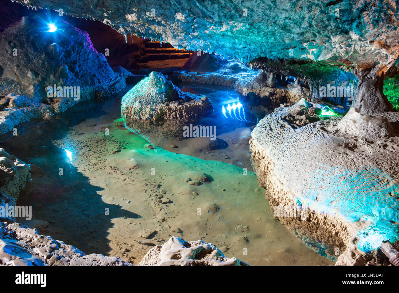 Cave formations in the Carboniferous limestone of the Mendip Hills are illuminated for display at Wookey Hole Caves Stock Photo