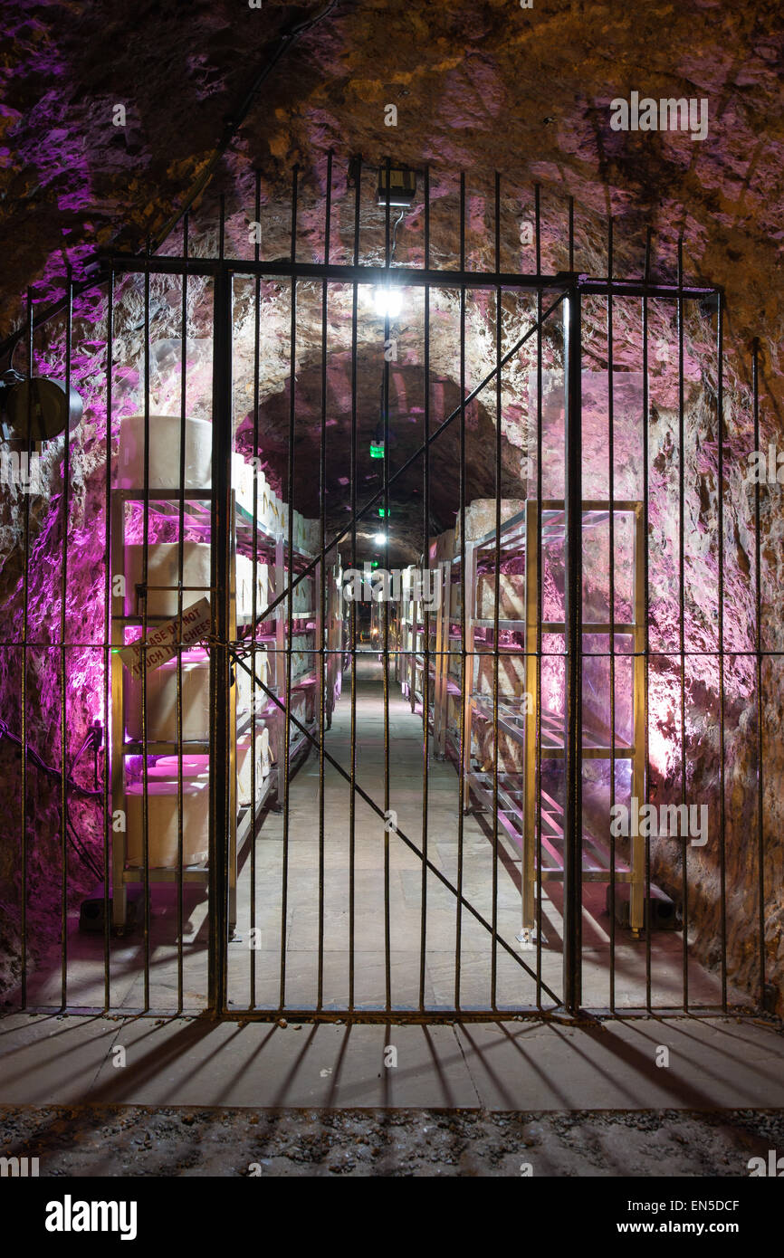 In a side chamber at Wookey Hole Caves, Cheddar cheese matures slowly