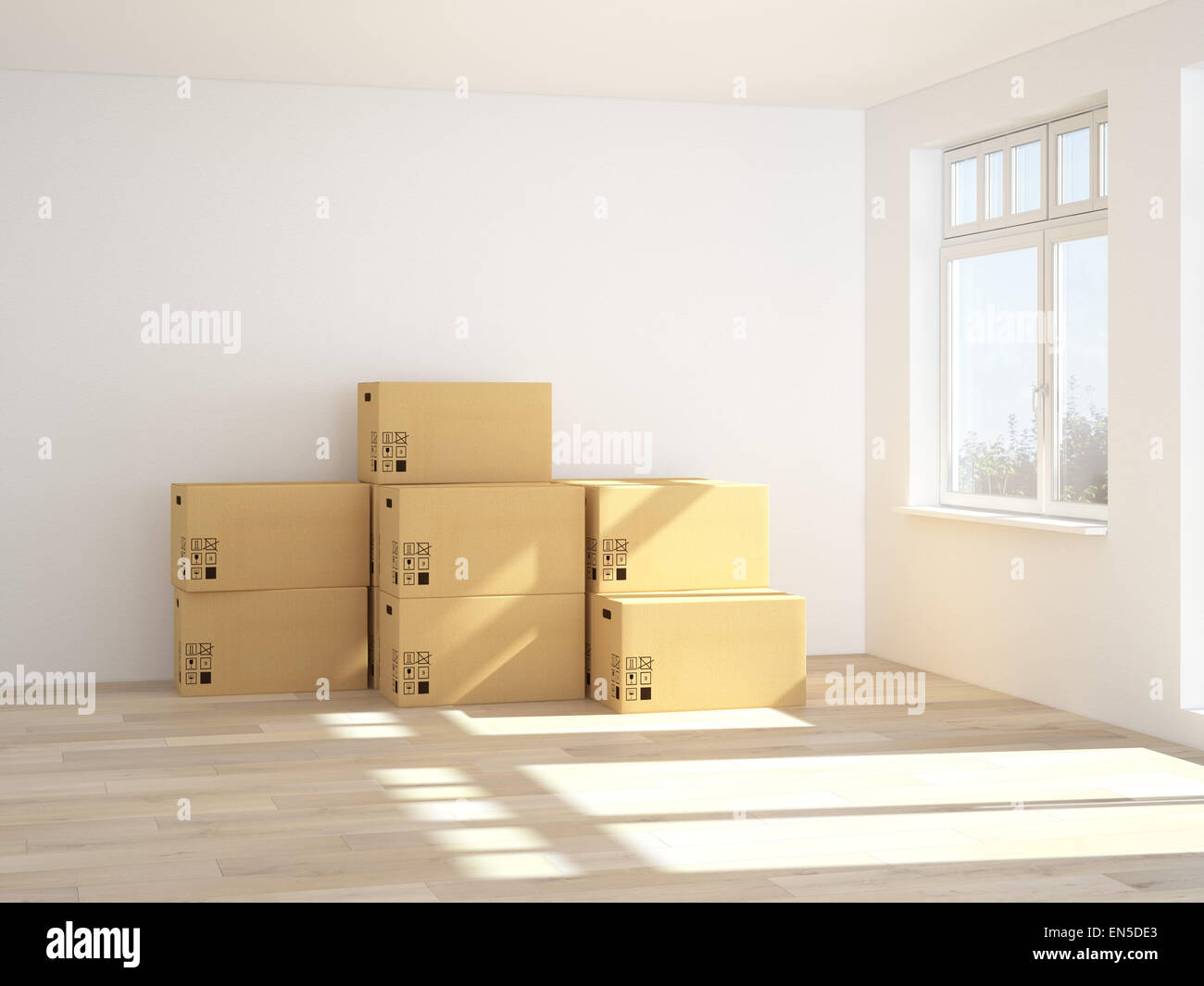 Interior with moving boxes in empty white room. 3d rendering Stock Photo