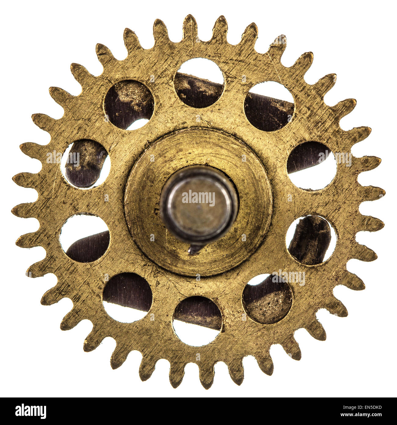 Pinion of old clock mechanism, isolated on white background Stock Photo