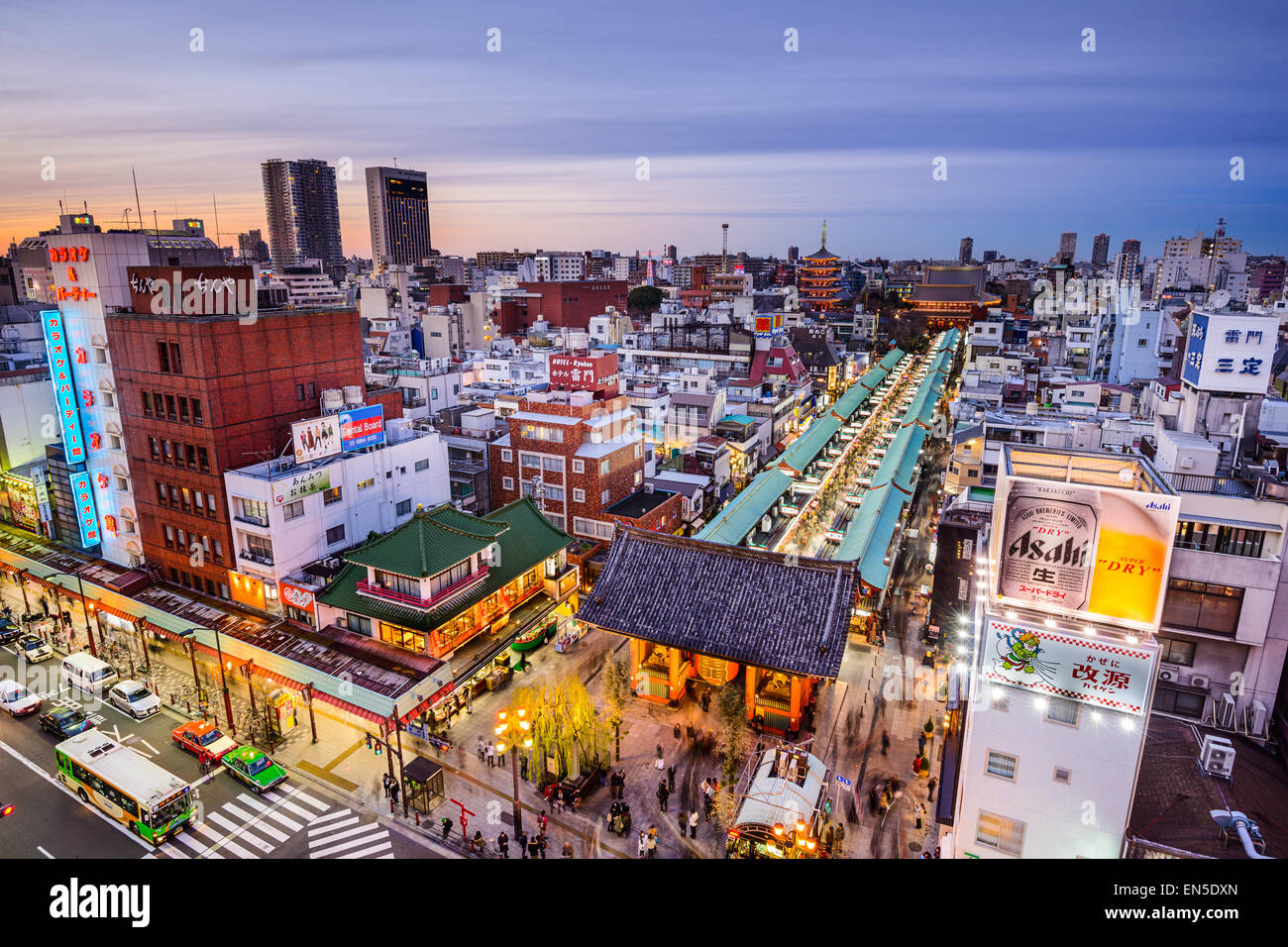 Skyline over the arcade of Sensoji Temple and the Asakusa District during twilight. Stock Photo