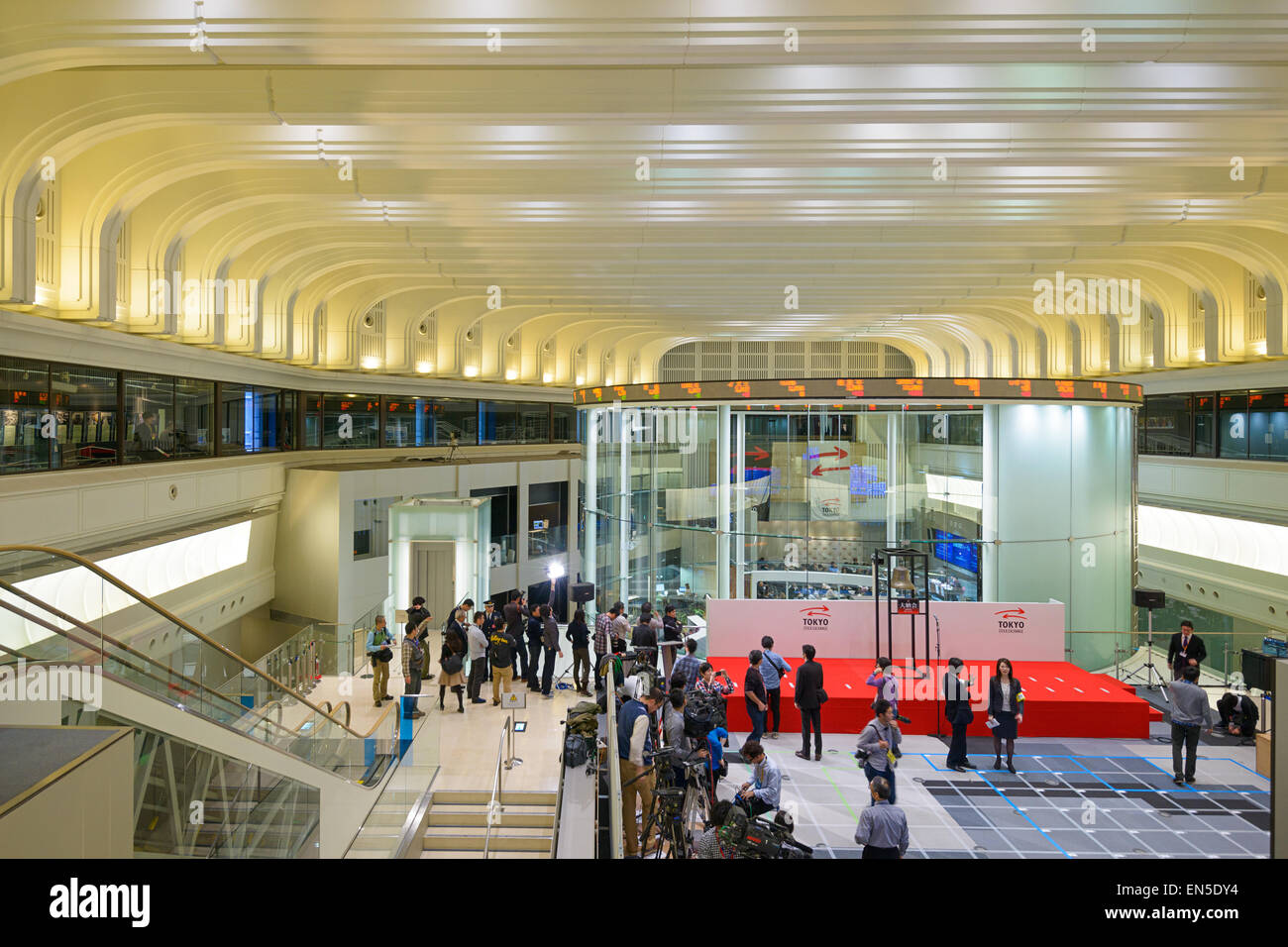 News reporters set up inside the Tokyo Stock Exchange. It is the third largest exchang in the world. Stock Photo