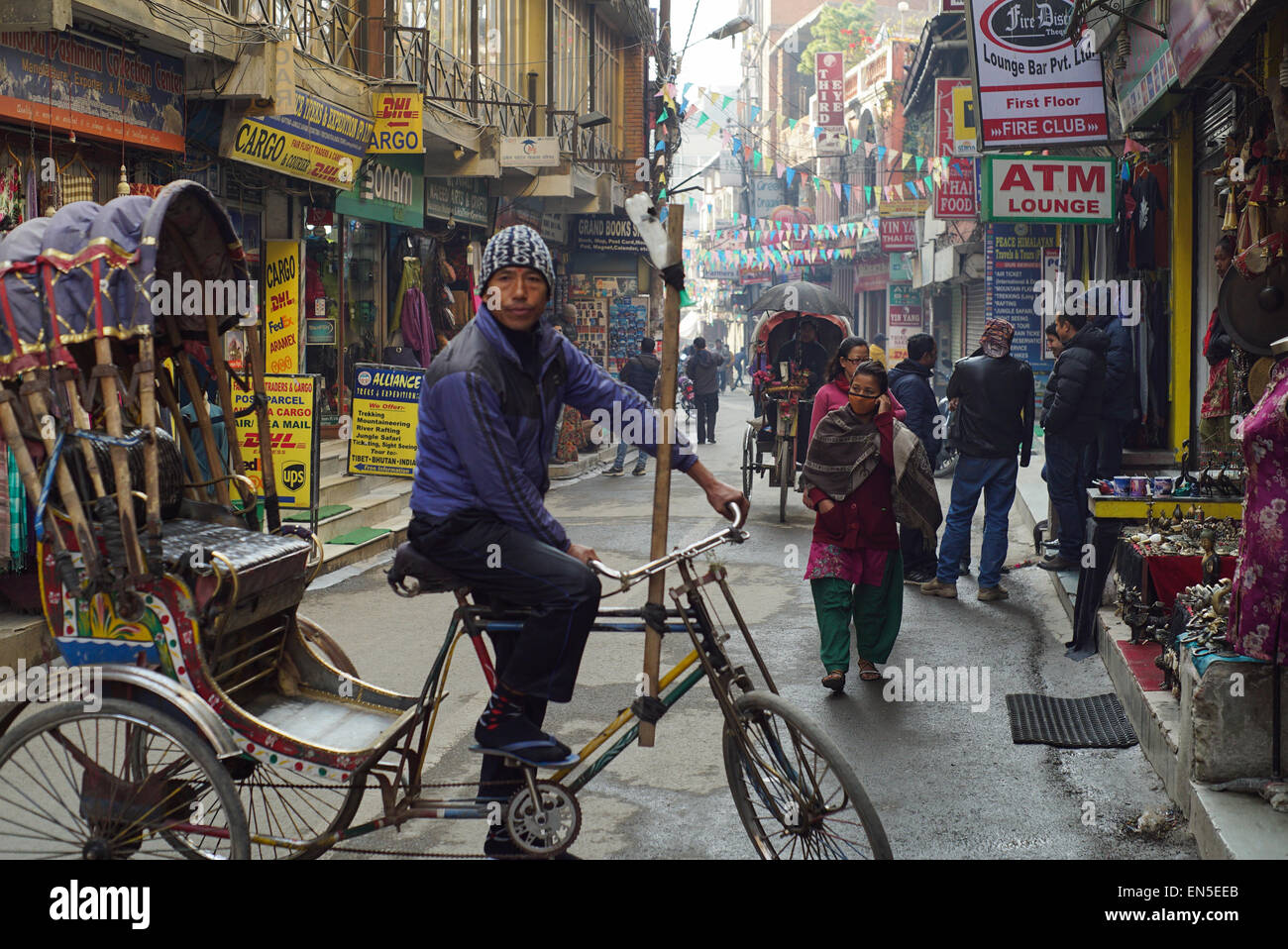 On the streets of Thamel in Kathmandu, Nepal, the heart of the tourist area few months before the 7.8 magnitude earthquake Stock Photo
